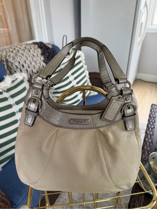 Coach Handbags - Coach Beige Leather Shoulder Bag with Metallic Taupe Trim